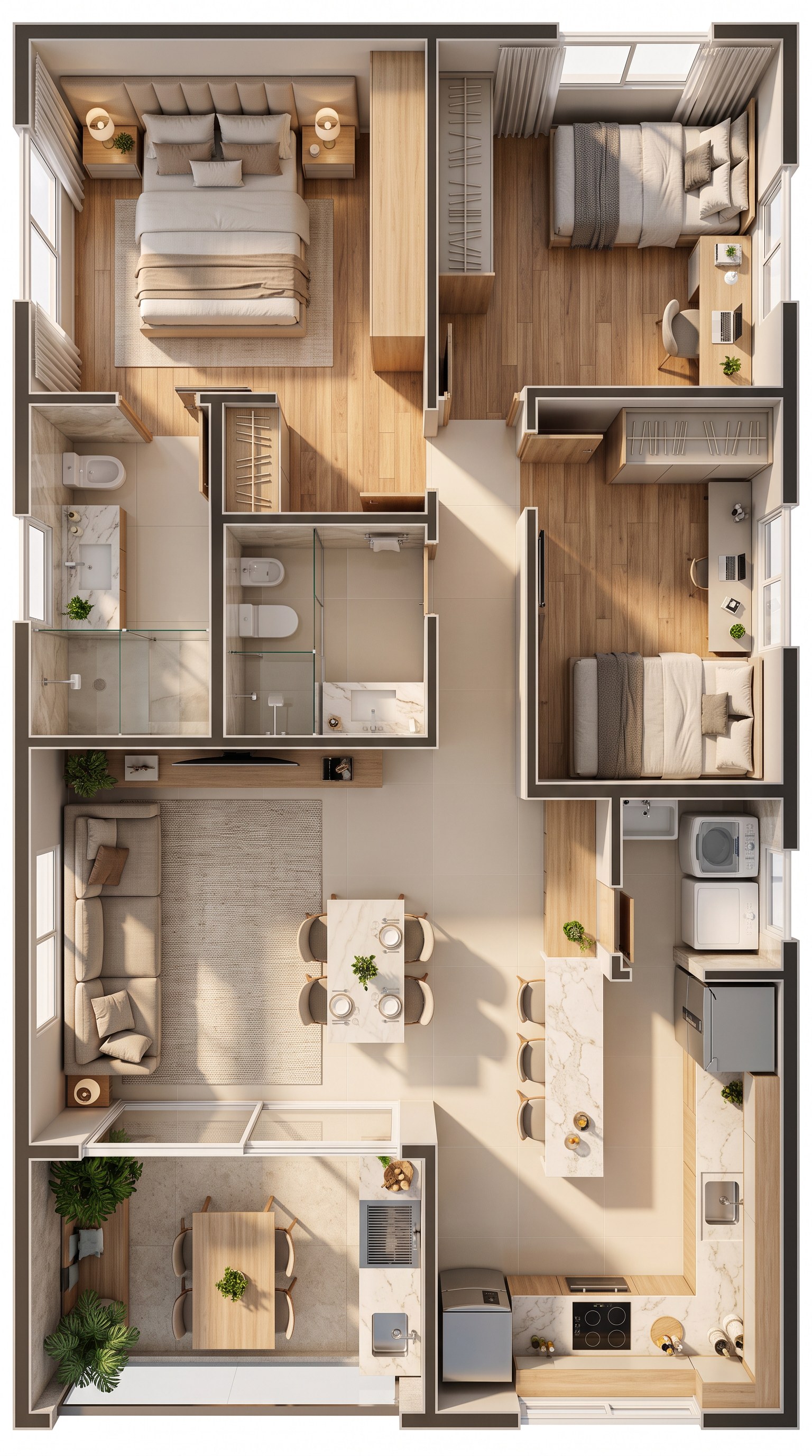 Planta humanizada do apartamento de 3 quartos